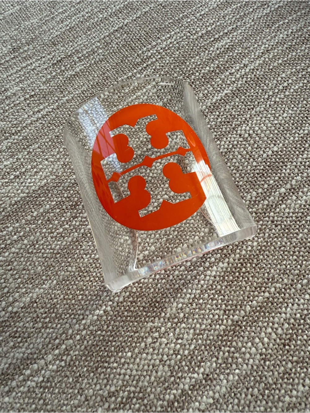 Tory Burch Clear Lucite Cuff with Bright Orange Logo Accent